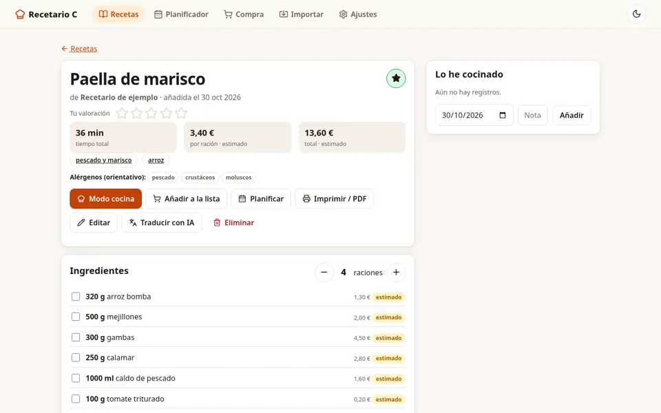Detalle de receta con raciones y precios